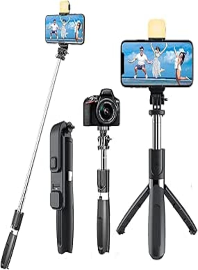 Rewy R1s Bluetooth Selfie Sticks with Remote and Selfie Light, 3-in-1 Multifunctional Selfie Stick Tripod Stand Compatible with iPhone/OnePlus/Samsung/Realme & All Smartphones/Go Pro (Black)